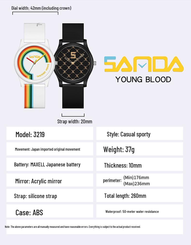 SANDA Rainbow Silicone Strap Unisex Waterproof Minimalist Fashion Watch