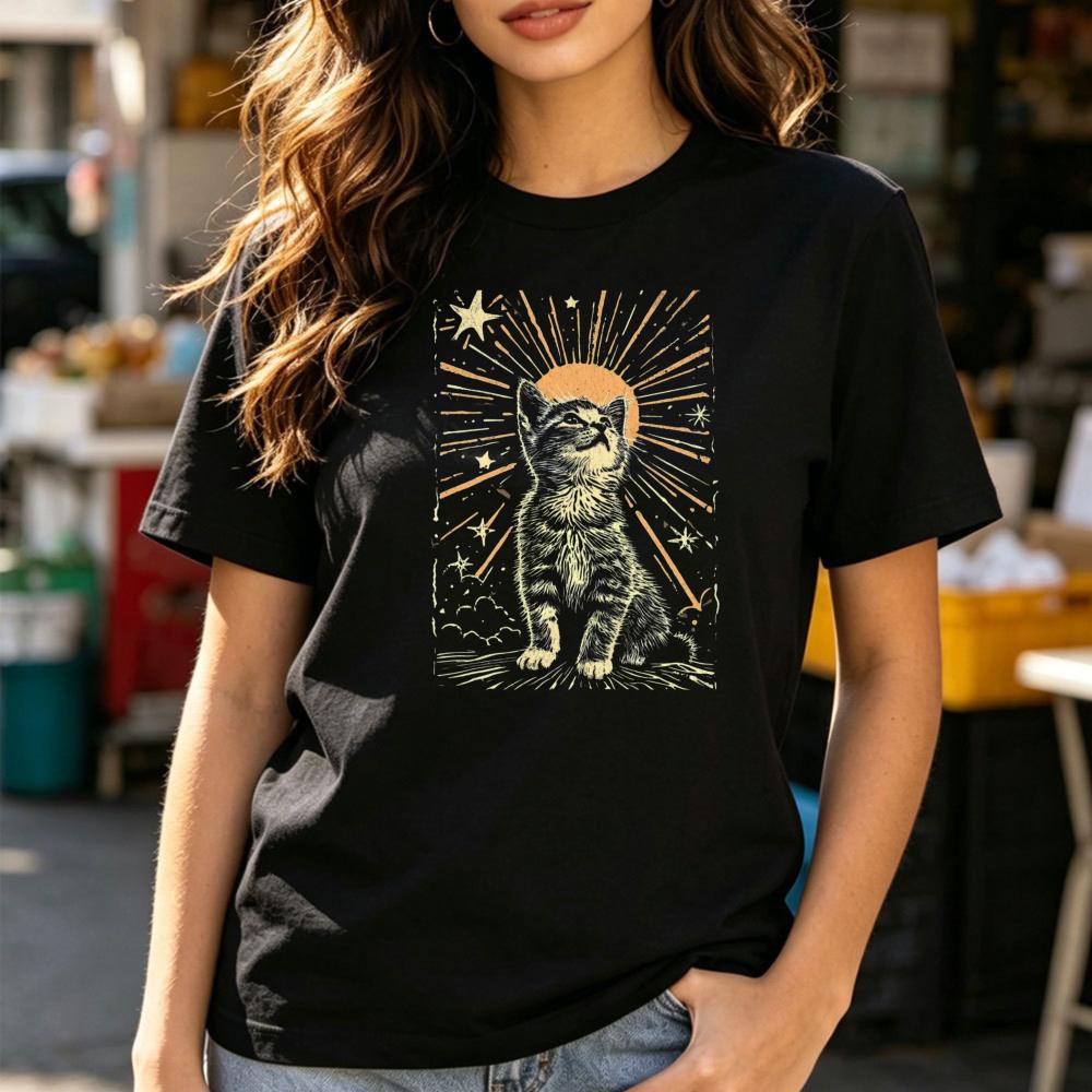 Vintage Celestial Cat Tarot Style Graphic TShirt Mystical Starry Kitten Casual Tee Unisex Summer Daily Life Fashion Cotton Tops