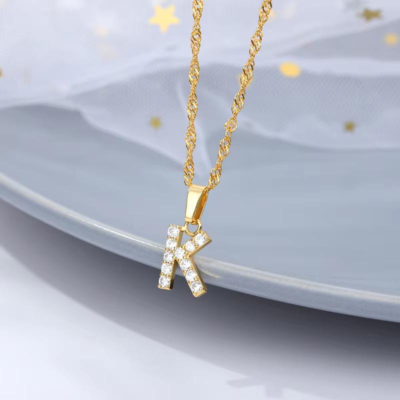 New English letter necklace plated with real gold and slightly inlaid with zircon letter pendant stainless steel chain