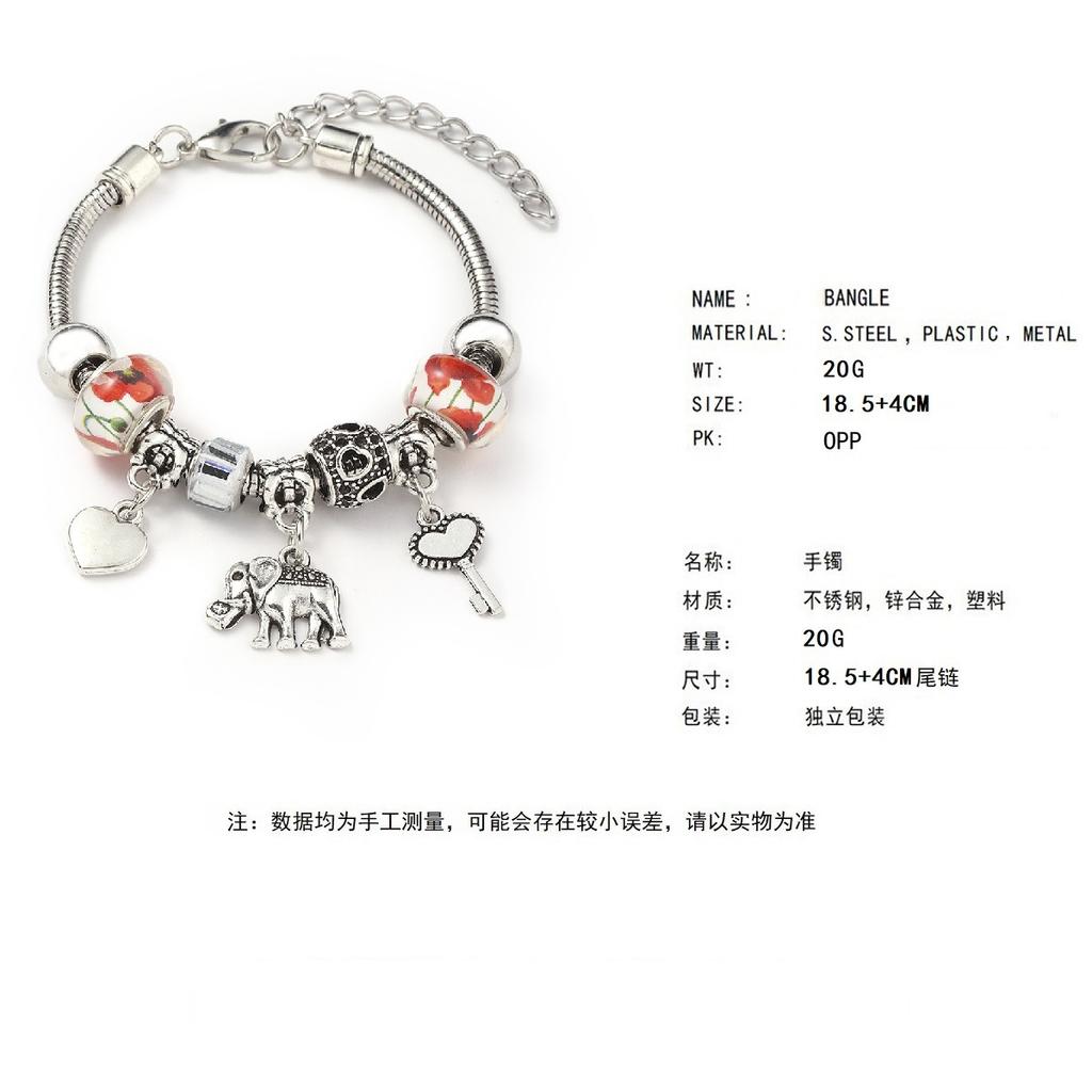 Vintage Handmade Alloy Large Hole Glass Bead Elephant Tree of Life Design Transparent Bracelet Multiple Styles Available