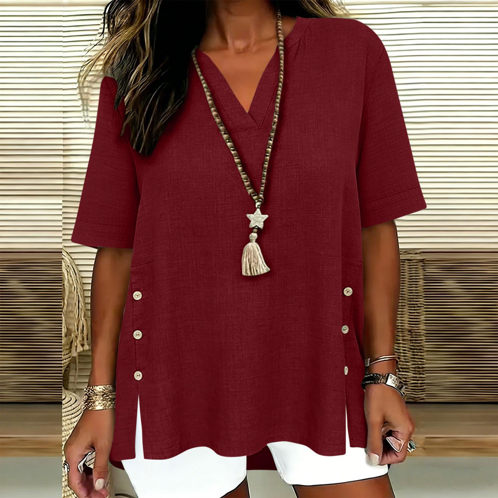 Cross-border foreign trade European and American eBay Amazon WISH best-selling women s summer V-neck bamboo joint hemp button solid color shirt S красный