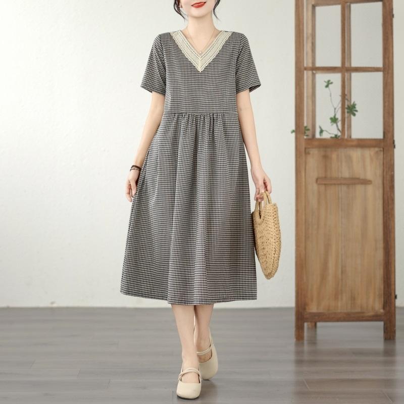 Short Sleeve Plus Size Cotton Lace Vintage Plaid New In Dresses for Women Casual Loose Long Summer Dress
