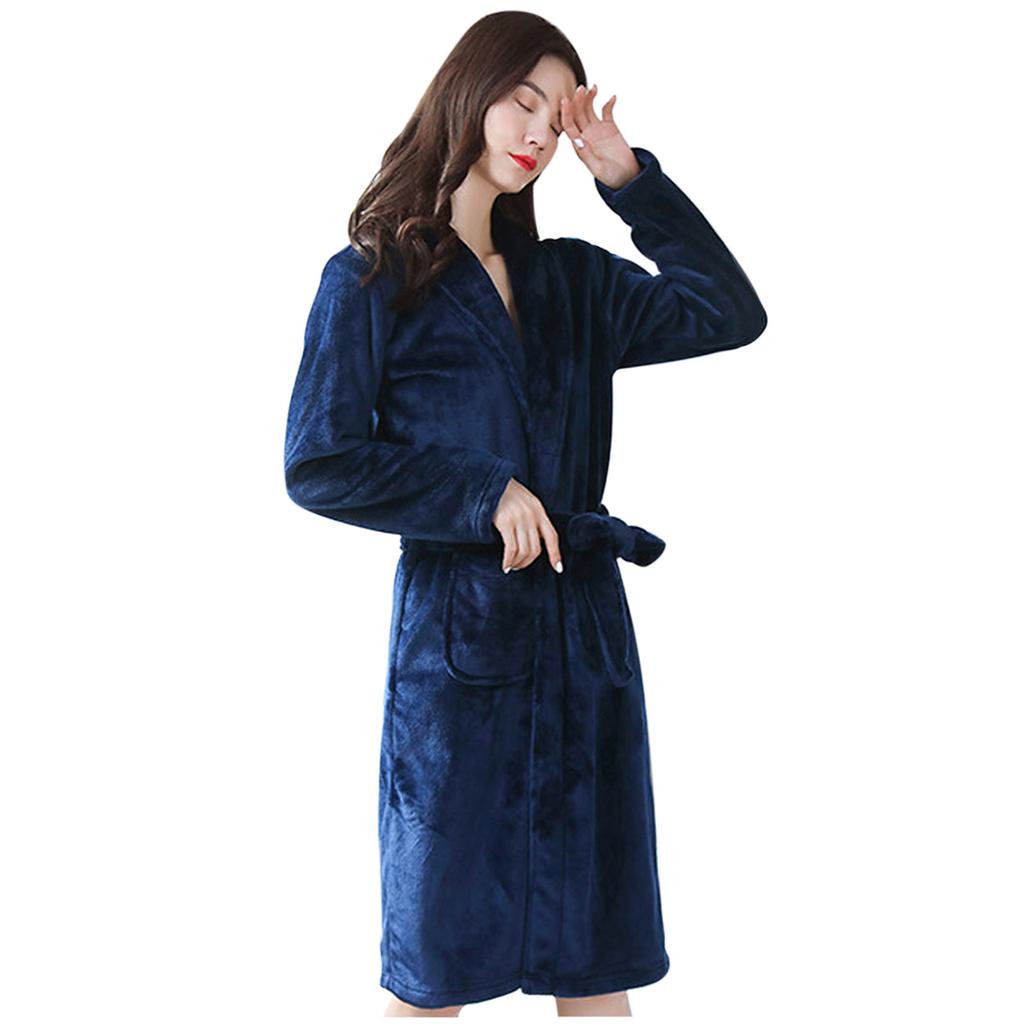 Pijama de Noche Cálido de Franela para Mujer con Banda de Color y Bolsillo