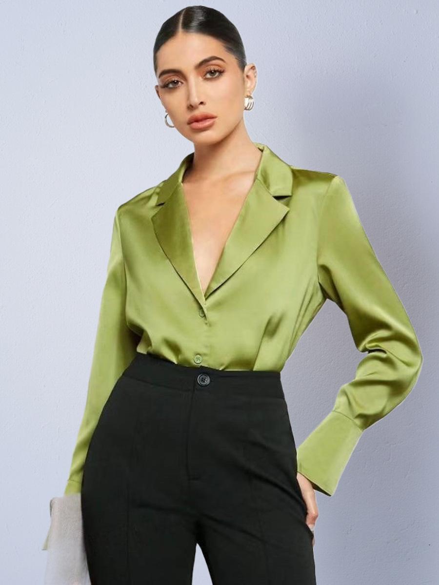 Women s European & American Autumn Satin Long-Sleeved Shirt - New Simple Style Large светло-зеленый