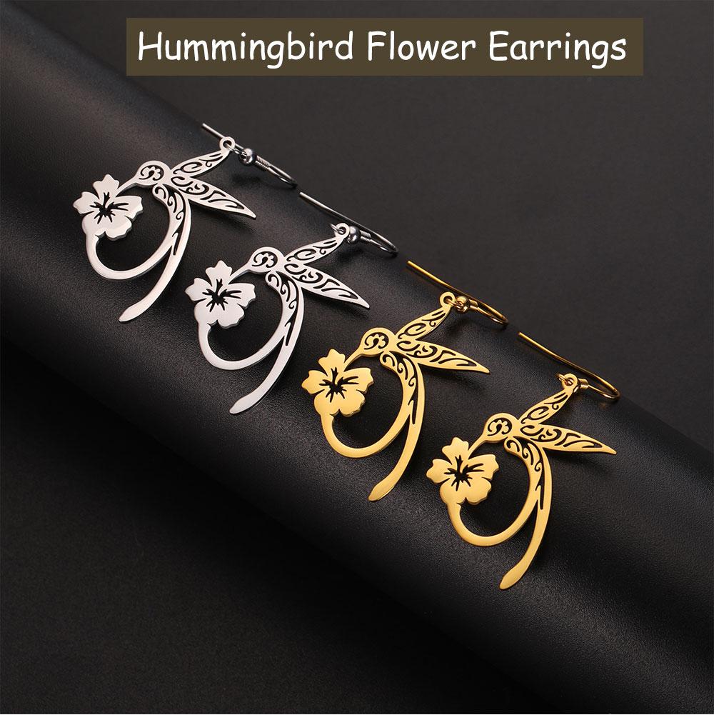 Cazador Gold Color Hummingbird Flower Pendant Drop Earrings for Women Stainless Steel Jewelry Earrings Valentine Gift 2026 New