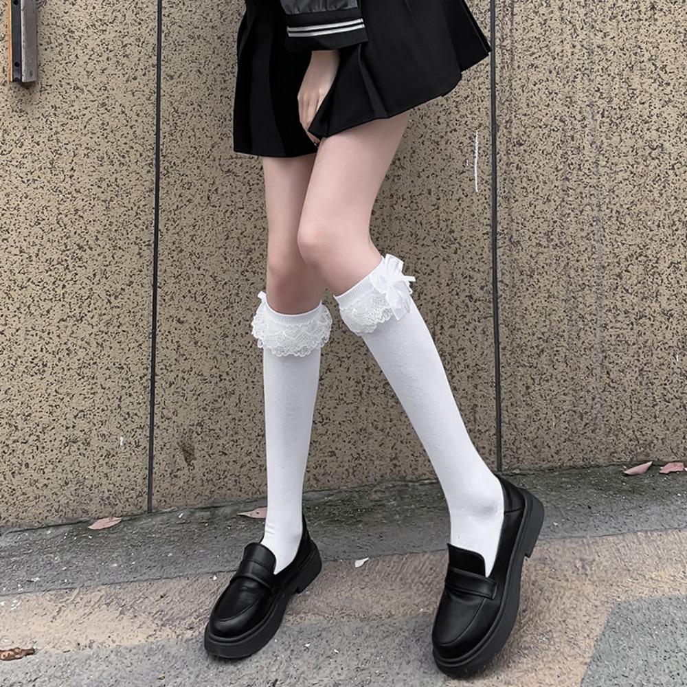 JK Hottie Lolita Socks Lace Calf Socks Lolita Medium Long Bow Cotton Socks Spring Autumn Winter