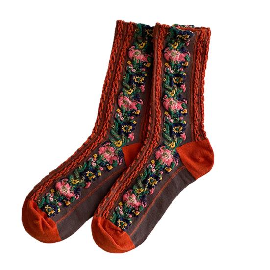 1 par middels lange, varme sokker til kvinner, med blomstermønster og etnisk trykk, crew socks for høst og vinter