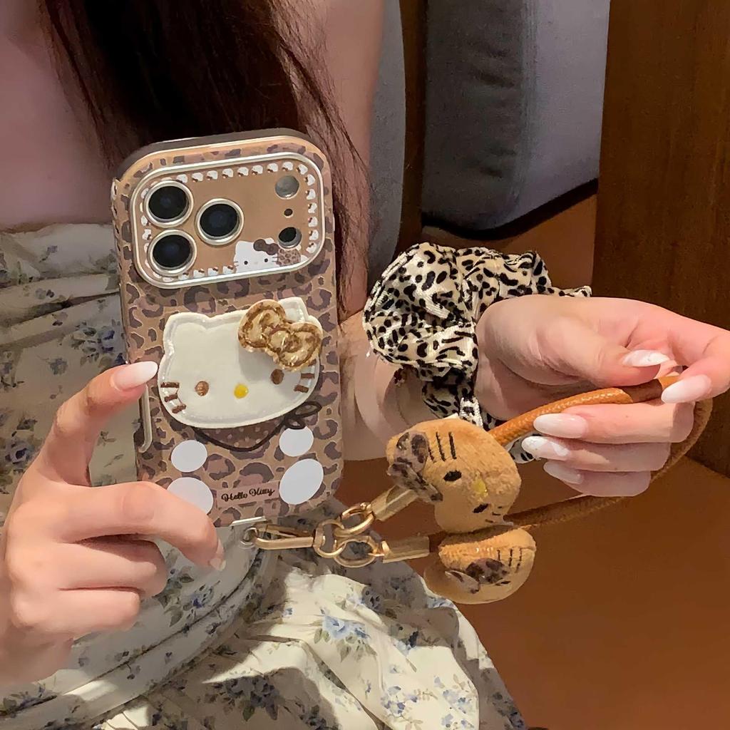 Hello Kitty 3D Brown Leopard Print Scarf Case for iPhone 17/16 Pro Max/15/14