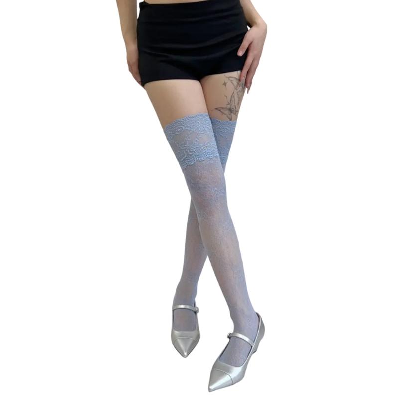 Stylish Long Boot Socks with Full Flower Lace Design for Women Sheer Colorful Fishnet Thigh High Over the Knee Stockings