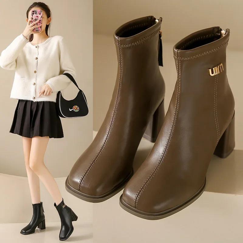 Hot Sale Short Boots Women Autumn and Winter New British Style Women's Shoes Square Fashion Thick with Women Back Zipper Boots