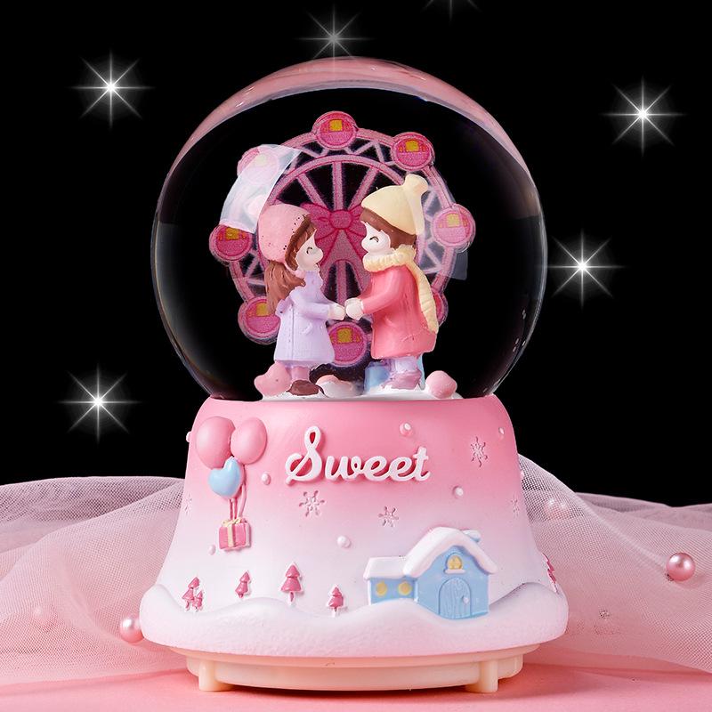 Cartoon Couple Crystal Ball Resin Snow Globe Music Box Toy