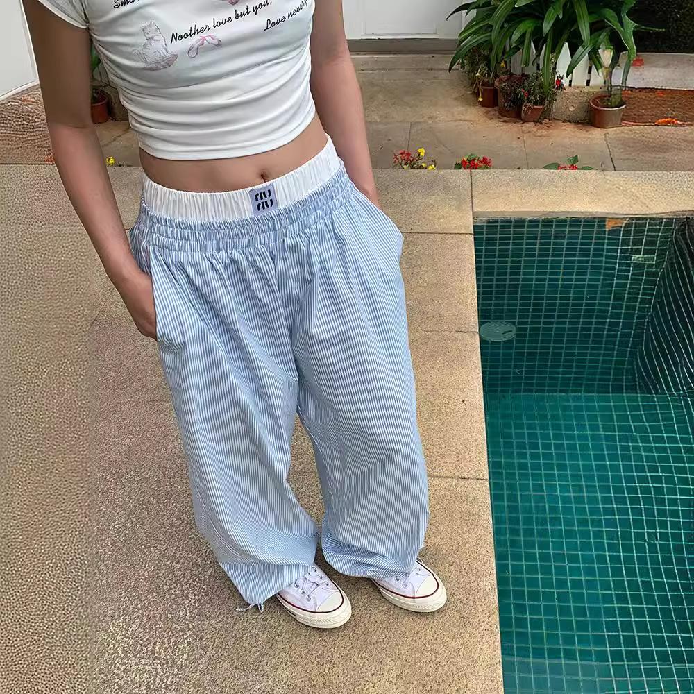 

Поддельные брюки в полоску из двух частей для мужчин и женщин, летние новые повседневные брюки широкого покроя с прямыми штанинами 3XL синий