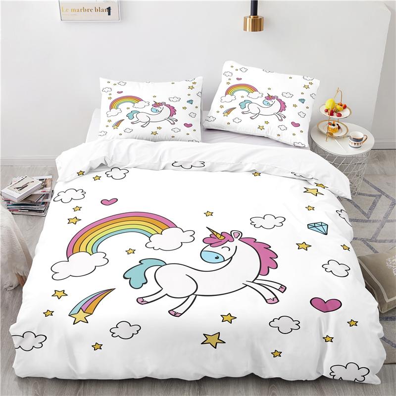 Cute Unicorn Pattern 3d Bedding Set Bed Linen 2/3pcs Blue Duvet Cover Set with Pillowcase Twin Full Queen King Size Home Textile