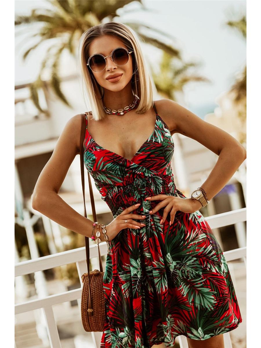 

2026 European & American V-Neck Printed Sexy Suspender Waist-Cinching Dress S