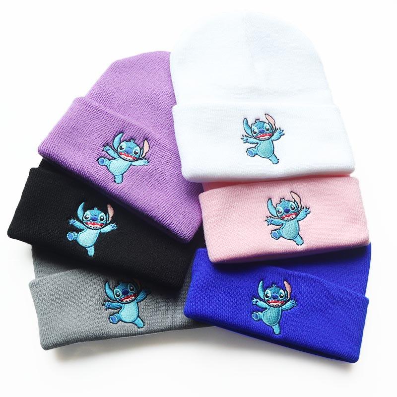 Unisex Student Cartoon Stitch Embroidered Knit Hat Outdoor Pullover Warm Hat Hip-Hop Beanie