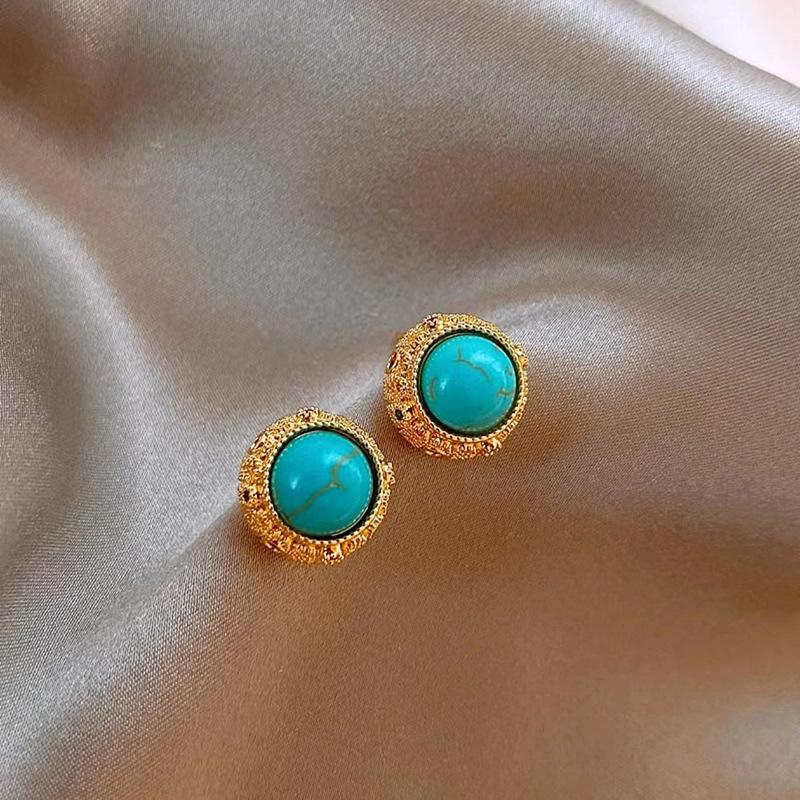 Real Gold Electroplated Silver Needle Zircon Round Artificial Turquoise Stud Earrings Retro Ethnic Style Earrings Simple Design Earrings
