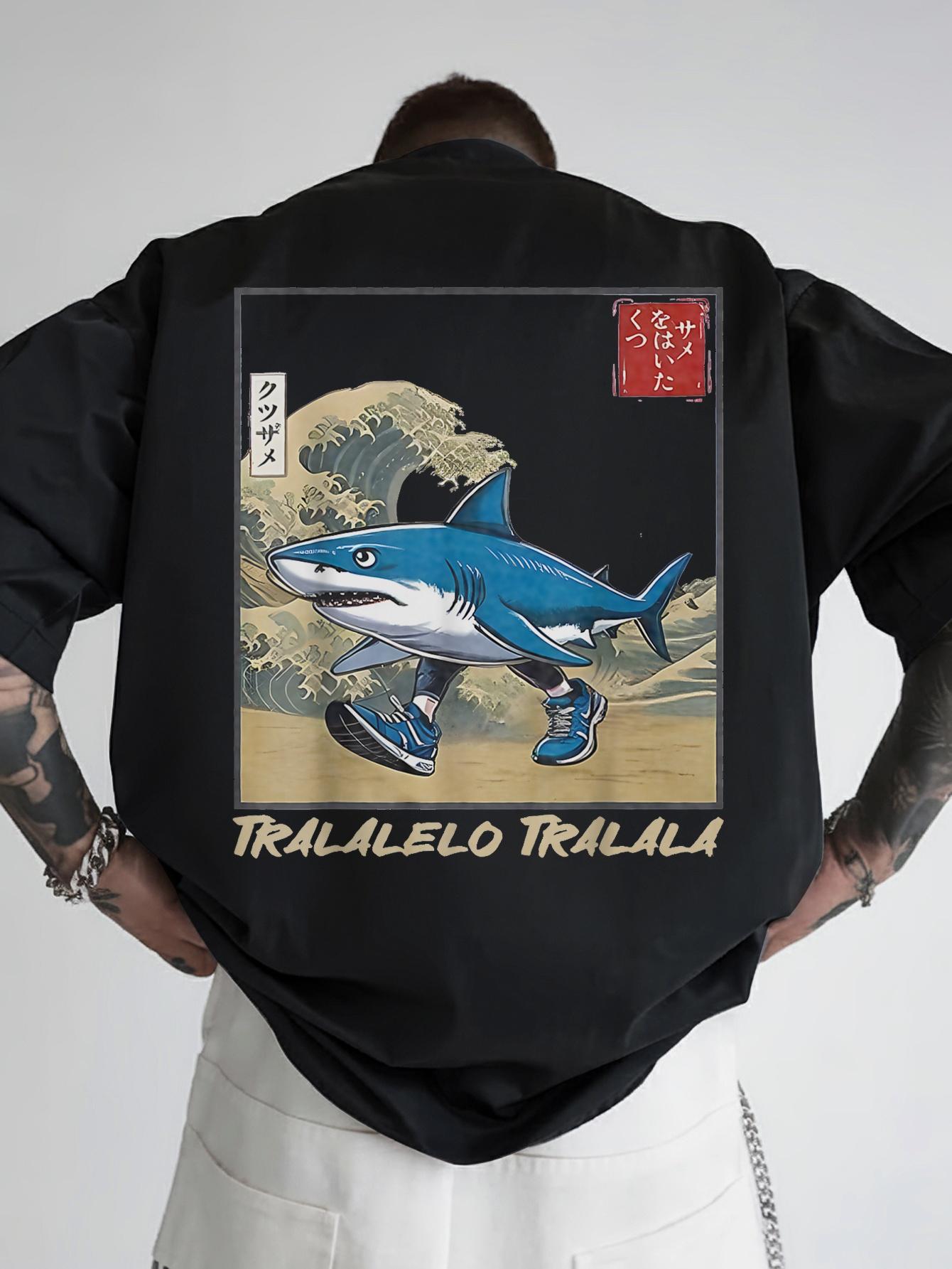 

Graphic T-shirt - Funny Shark Japanese Wave Back Print Tee - Lightweight Breathable Polyester Shirt for Beach M