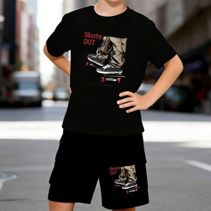 

Boys 2 Piece Skateboard Themed Printed outfit, Short Sleeve T-Shirt and Shorts Set for Kids Age 5-14,White, Black Sporty Casual Summer Clothes 5-6 Years чёрный