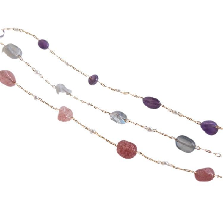 14K Gold-filled Color-preserving Handmade Korean Chain with Strawberry Quartz, Labradorite, and Amethyst Rectangular Beads for DIY Bracelets