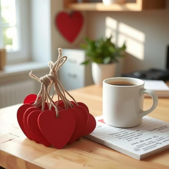10 Pcs Wood Heart Block Sign Red Heart Shaped Hanging Ornaments with Hole Hemp Ropes