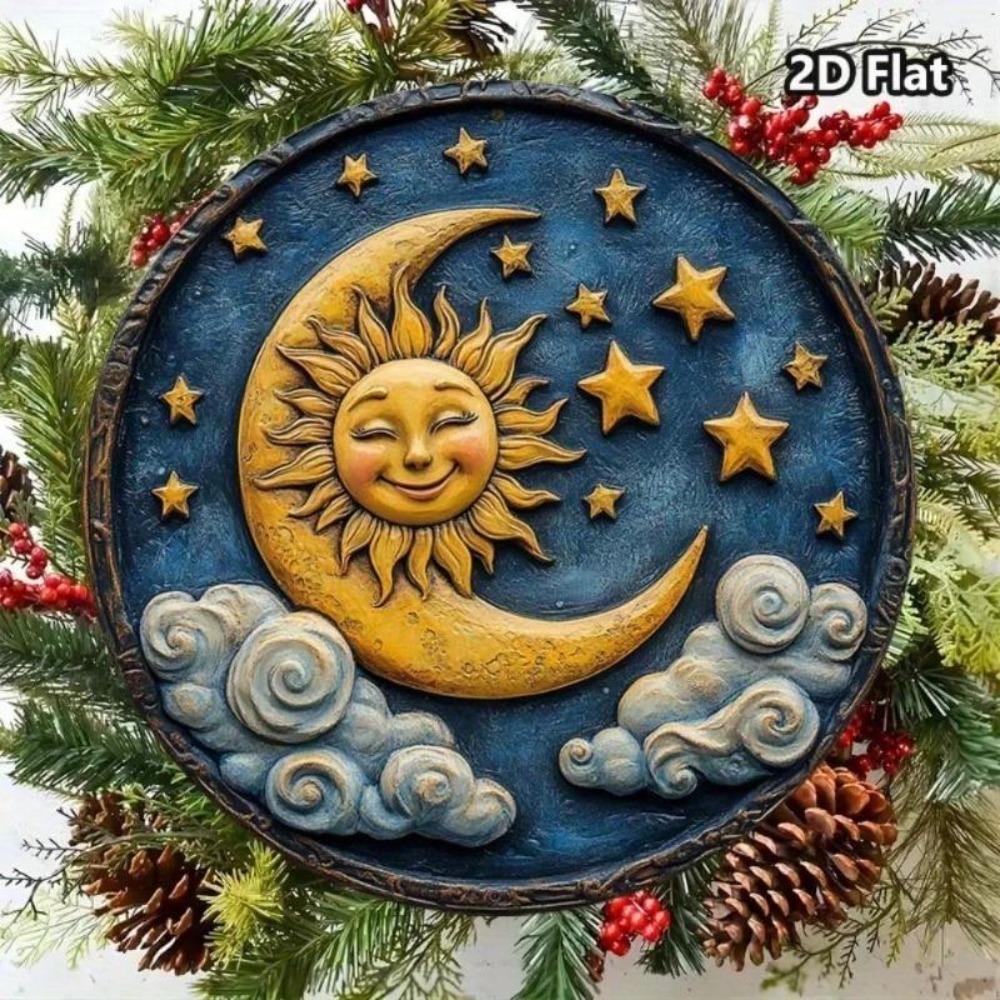 1pc Vintage Sun Moon Metal Wall Art 8x8 Inch Aluminum Sign Celestial Star Design