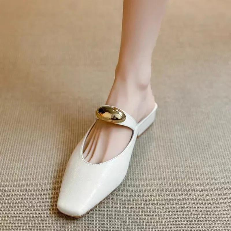

Fashion ladies shoes 2025 New Women s Slippers Fashion Metal Decoration Square Toe Low Heel Elegant Sandals Classics Daily Dress Slipper 35