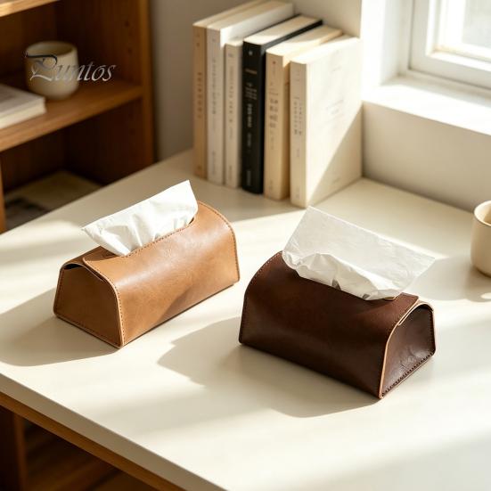 Desktop Tissue Dispenser PU Leather Box, Foldable Retro Style Holder, Office Desk Storage Bag Decorative Organizer, for Home Car Decor Space