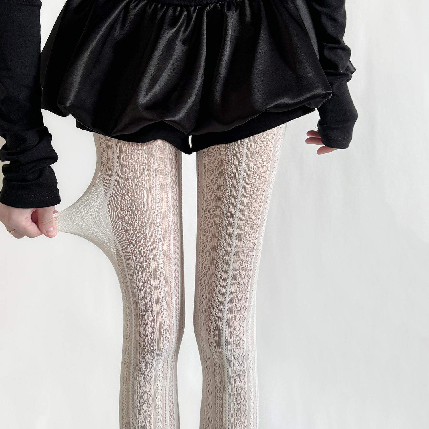 Spring/Summer Thin Japanese-Style Sweet Retro Hollowed-Out Milky White Lolita Over-Knee Vertical-Stripe Jacquard Nylon Snagging Standard