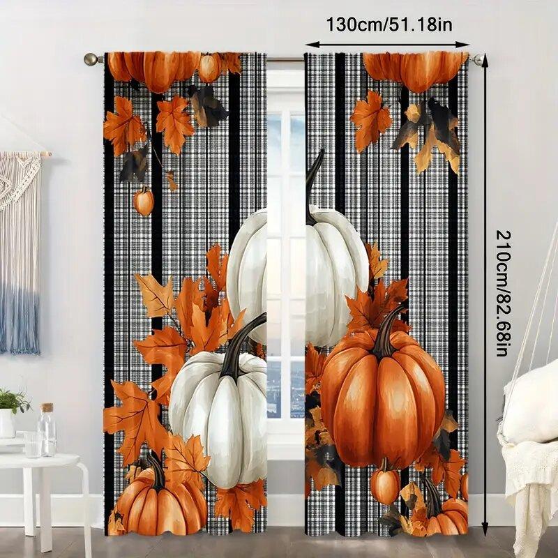Farmhouse Autumn Pumpkin Pattern Printed Curtains Window Decorations Home Room Set Of 2 Made Polyester