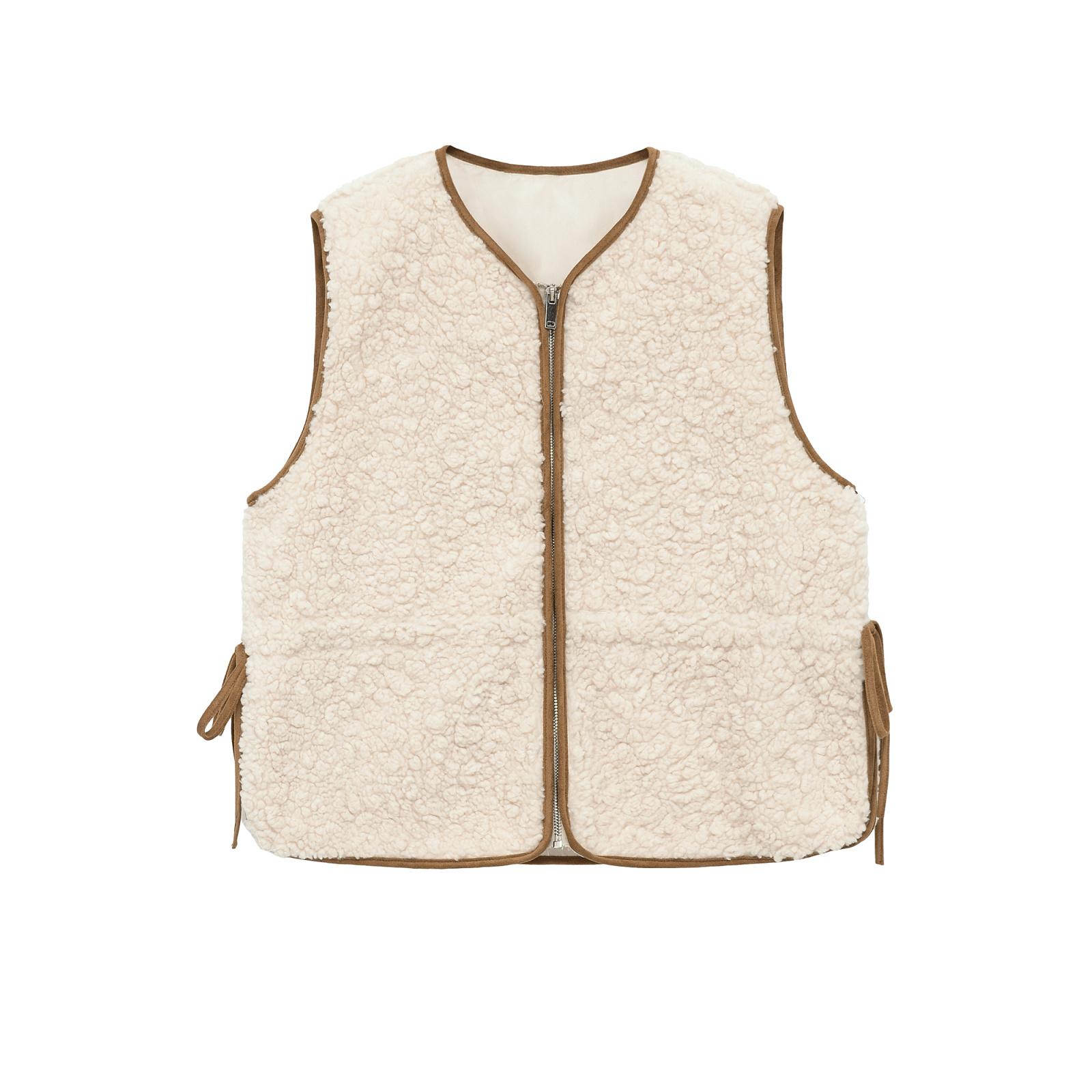 

Winter New Women s Casual Fashion Simple Sweet Round Neck Sleeveless Adjustable Waist Lambswool Vest XS бежевий