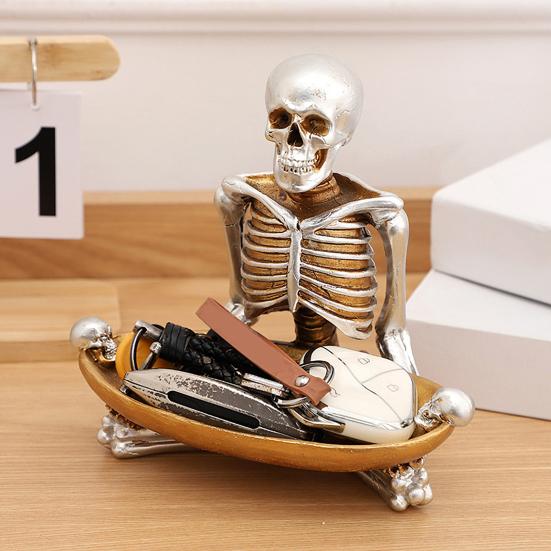Skull Storage Tray Halloween Scary Skeleton Candy Bowl Resin Skull Fruit Snack Serving Tray Vintage Jewelry Dish for Home Tabletop Party Bar Decor