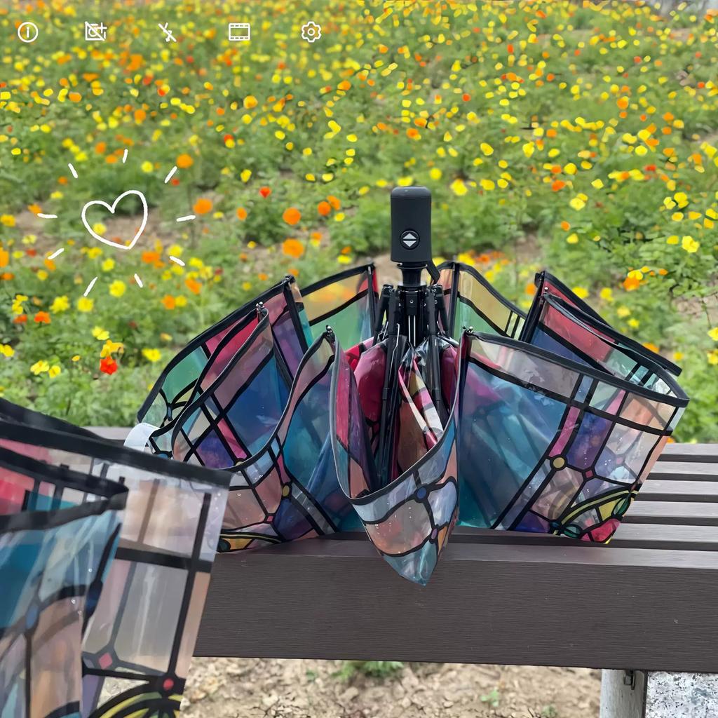 New Style British-Style Tropical Arched Transparent Umbrella with Stained Glass, Long Handle, Automatic, Large, Romantic, for Both Sunny and Rainy