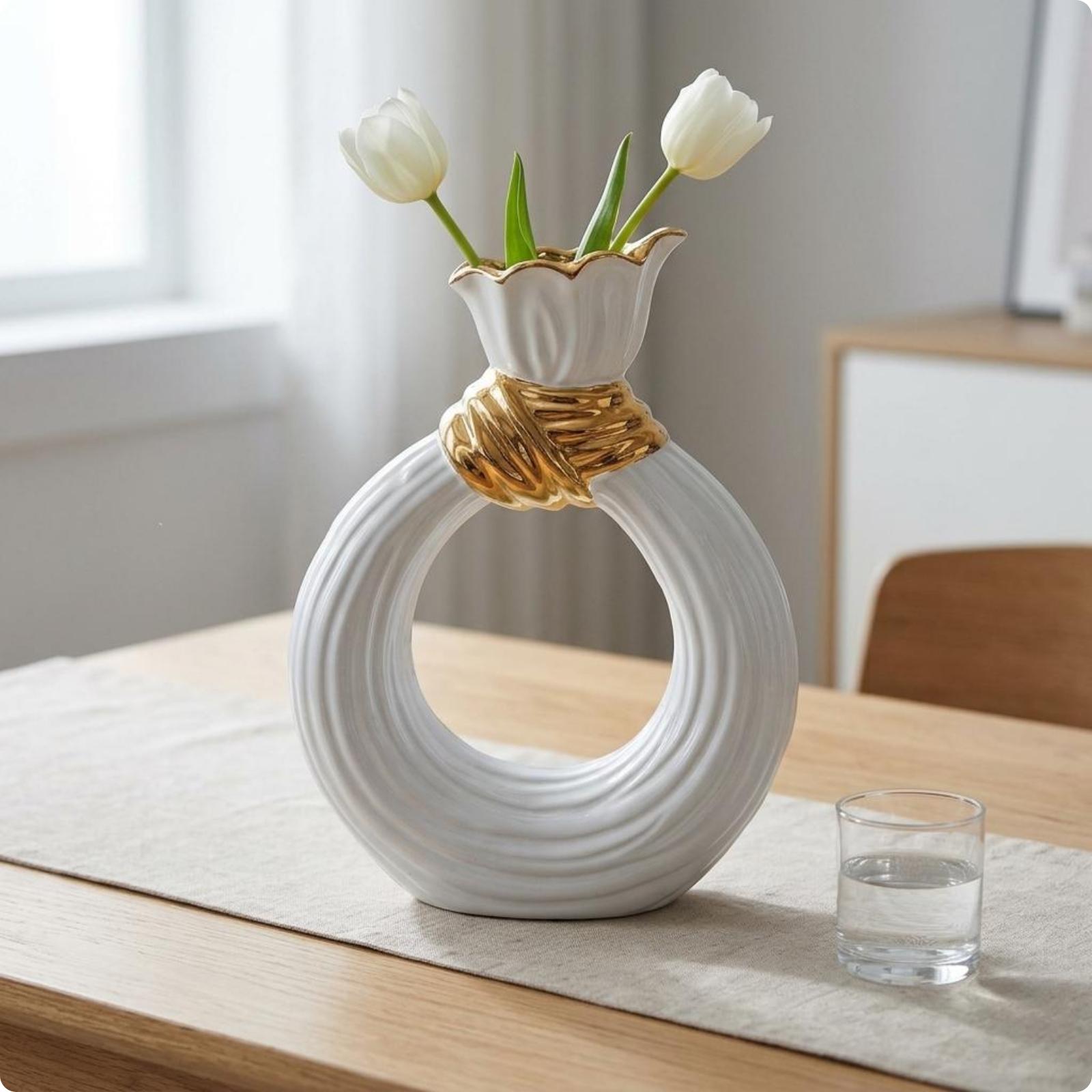 Circular Shaped Ceramic Vase White Glazed Ribbed Ceramic Vase Table Decoration Fluted Home Decor Statement Piece for Tabletop