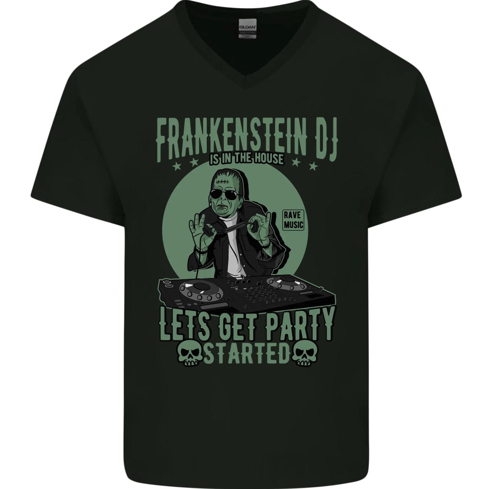 DJ Frankenstein Funny Music Vinyl Halloween Mens VNeck Cotton T-shirt XL