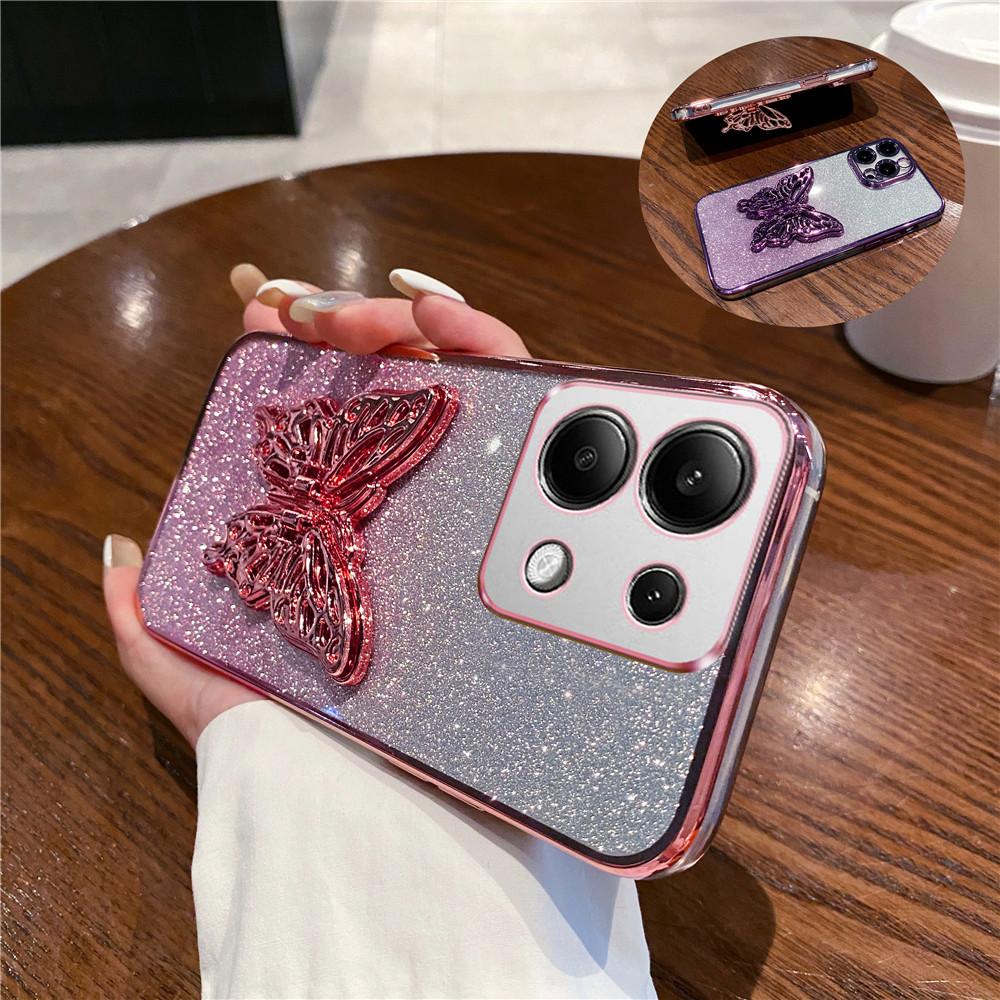 Třpytivý pouzdro na telefon s motýlkovým stojánkem pro Xiaomi Mi Poco C65 C55 C40 X3 NFC X5 X6 M4 M6 Pro 4G 13T 12T 11T Lite Měkký silikonový kryt