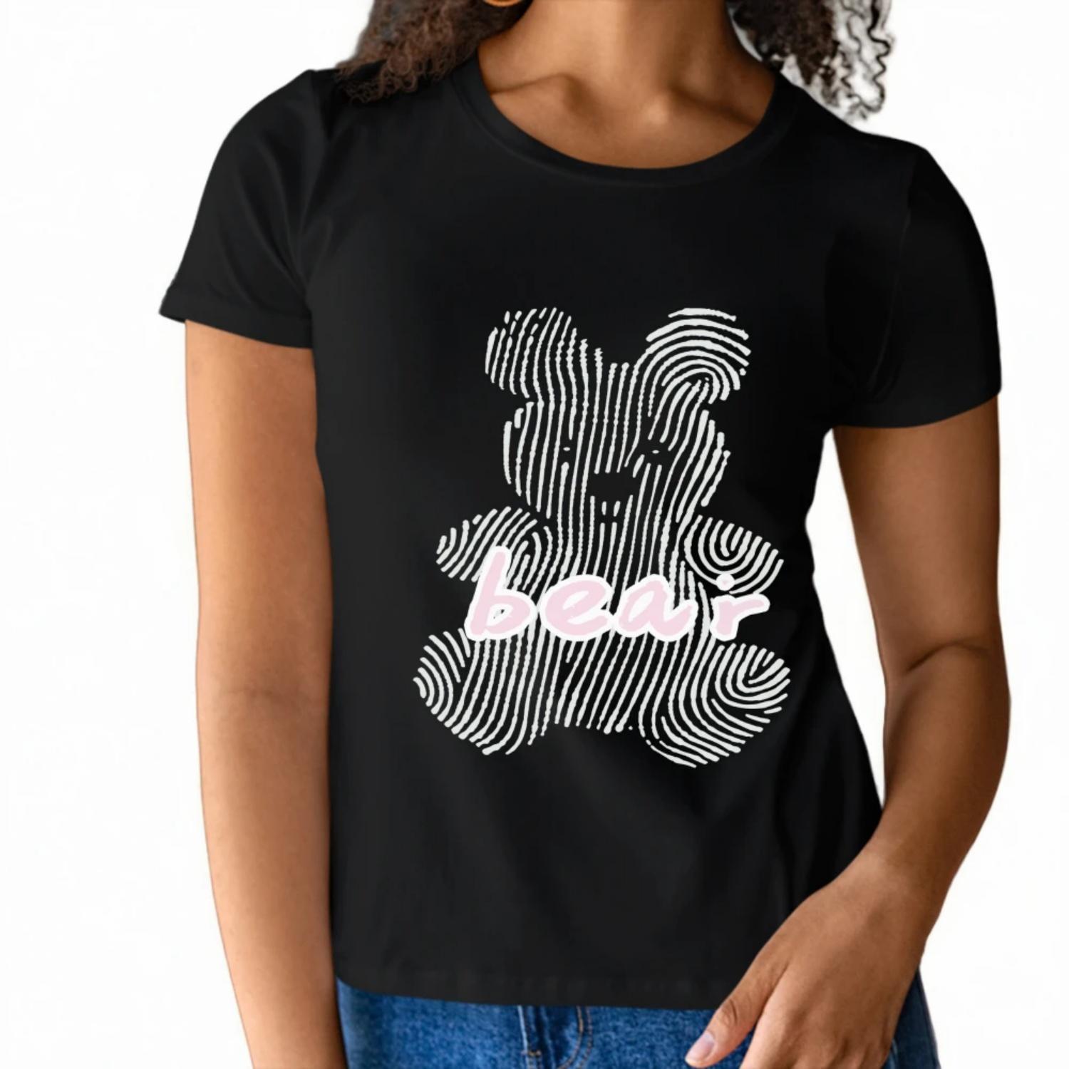 

Unique Womens Short Sleeve T Shirt Fingerprint Bear Design with Soft pink Typography for a Modern and Adorable Summer Look S чёрный