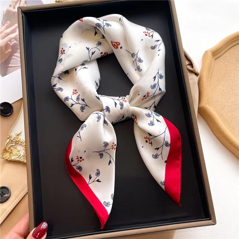 68cm Peach Blossom Printed Scarf Women's Spring and Summer Thin Imitation Silk Scarf Fashion Temperament Scarfs Headscarf Shawl