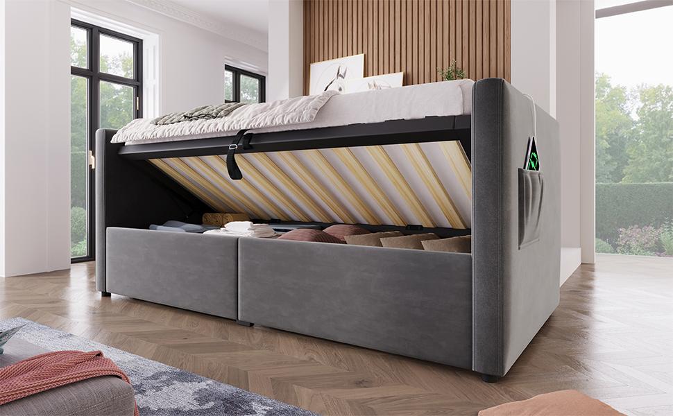 Slaapbank 90x200 cm, Enkele Slaapbank met Hydraulische Opbergruimte, USB & Type-C Opladen, Logeerbed met Lattenbodem, Grijs, Fluweel, Zonder Matras.