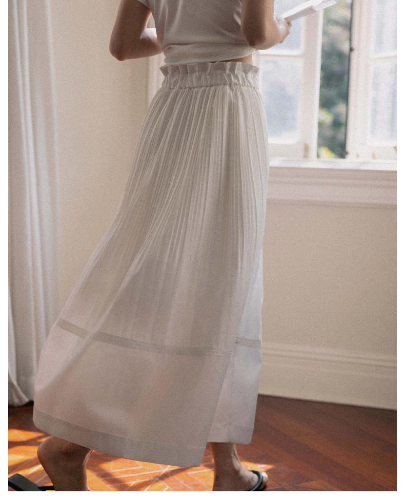 Women's White Pleated Midi Skirt - Minimalist A-line Style with Elastic Waist