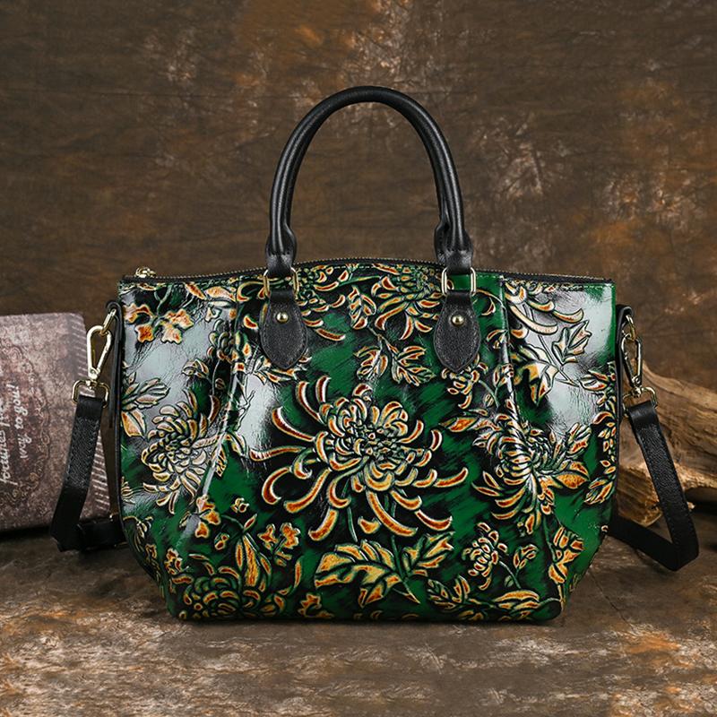 New Retro Chinese Style Handmade Genuine Leather Hand-rubbed Color and Three-dimensional Embossed Ladies' Bags