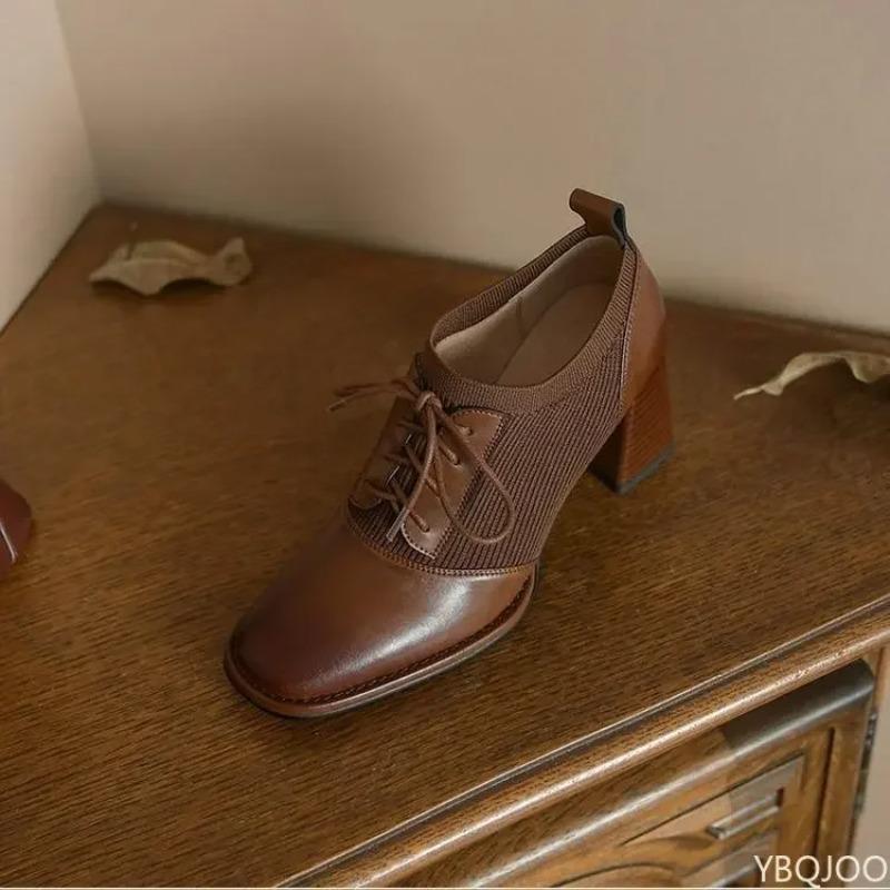 Women Pumps Luxury Leather High Heels New British Style Fashion Square Toe Block Heel Single Shoes Chunky Elastic Leather Shoes