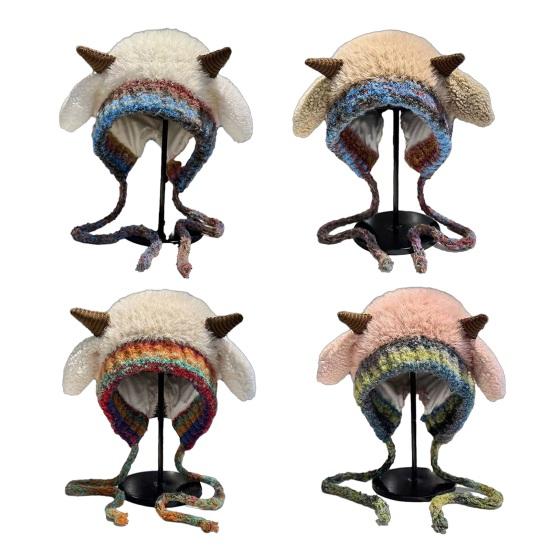 Knitted Hat Lamb Ears Design Universal Fit Soft Plush Windproof Hat Family Photo Christmas Hat 2 In 1 Convertible Santa Hat Tote
