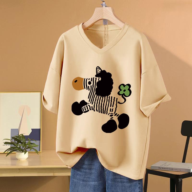 

Short-sleeved T-shirt for Women, Large Size, Loose and Slimming, Printed V-neck Top 5XL абрикосовий