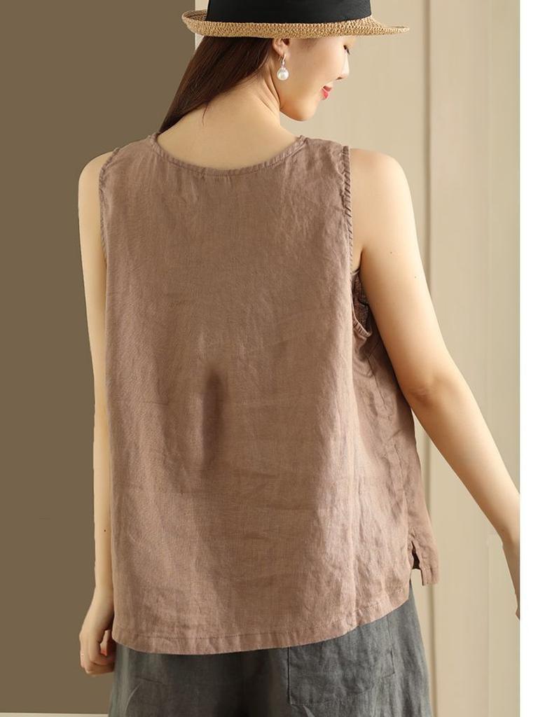 Cotton Linen Sleeveless T-Shirt Summer Casual Button Decoration Vest Loose Top