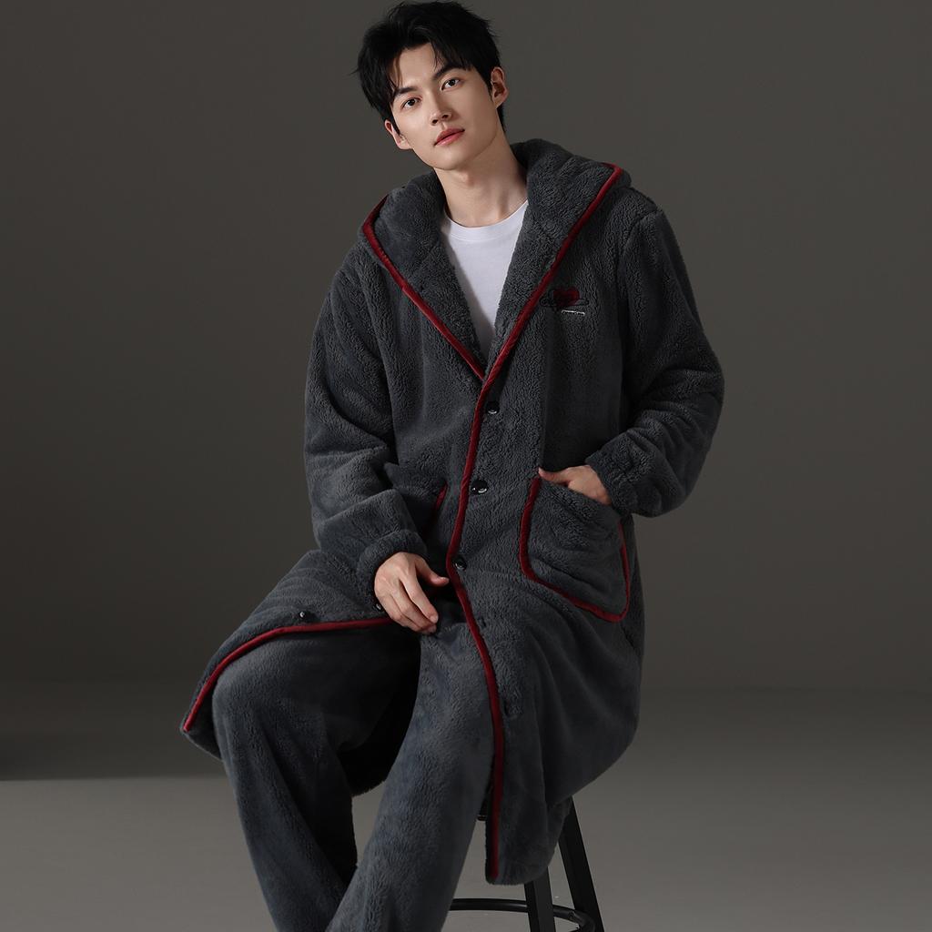 Nightgown Men's Autumn and Winter Coral Fleece Suit Pajamas Winter Hooded Thickened Fleece Flannel Loungewear Warm