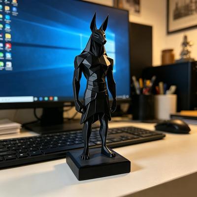3D Printed Anubis Statue Desk Sculpture with Stable Square Base Matte Black Minimalist Low-Polygon Design for Home Office Study Room Decor Gift