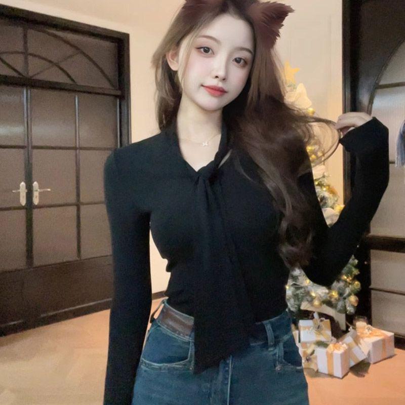 Women's V-Neck Lace-Up Long Sleeve Velvet T-Shirt: Pure Desire Style, Optional Thickness for Autumn/Winter