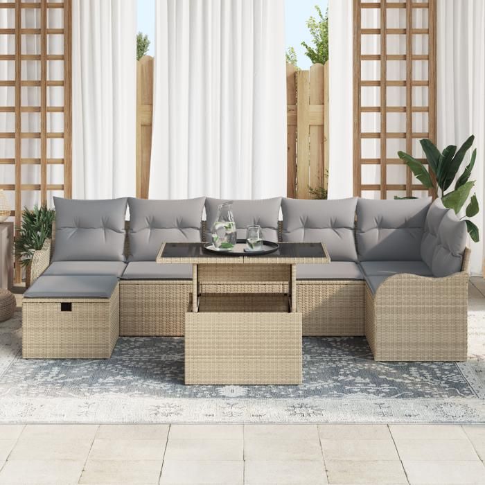 Ensemble de Canapés de Jardin 8 Pièces avec Coussins Beige Poly Rattan, Canapé de Jardin 2 Places avec Coussins Beige Poly 3359727