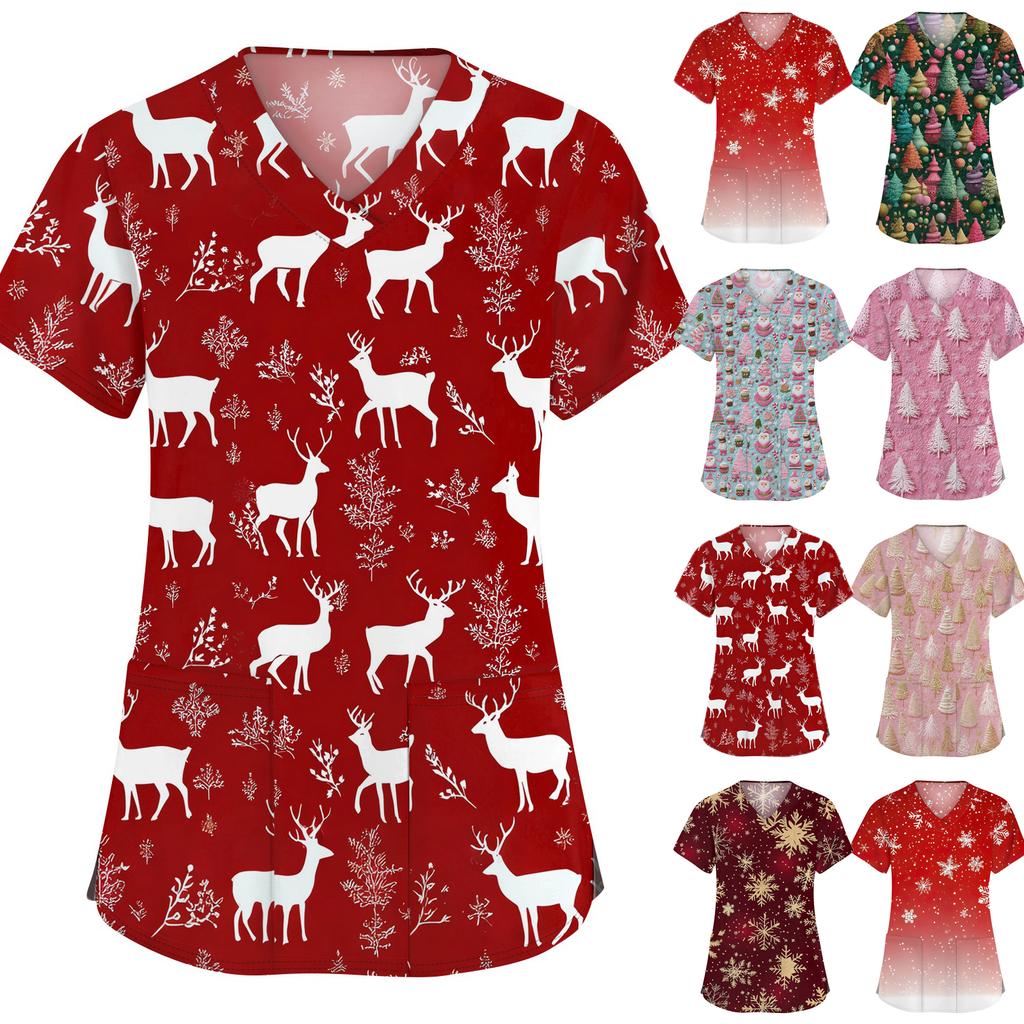 Dámské módní pracovní oděvy s krátkým rukávem a výstřihem do V s kapsami Vánoční topy s potiskem