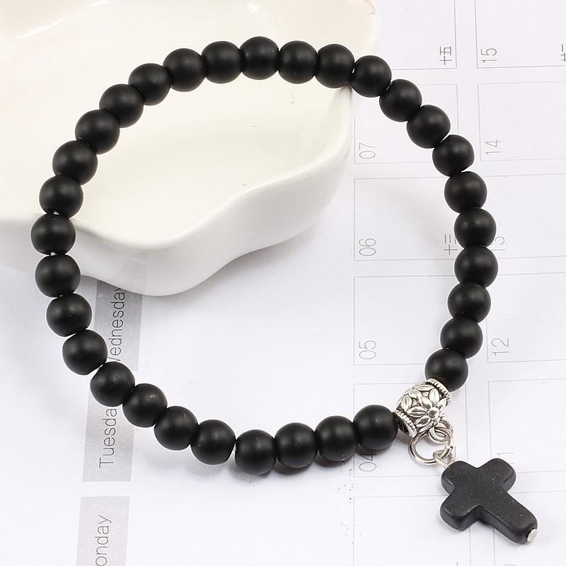 Vintage Cross Natural Stone 6mm Beads Bracelet Charm Men Blue Bead Pendant Strand Bracelets Bangles Women Fashion Jewelry Gifts